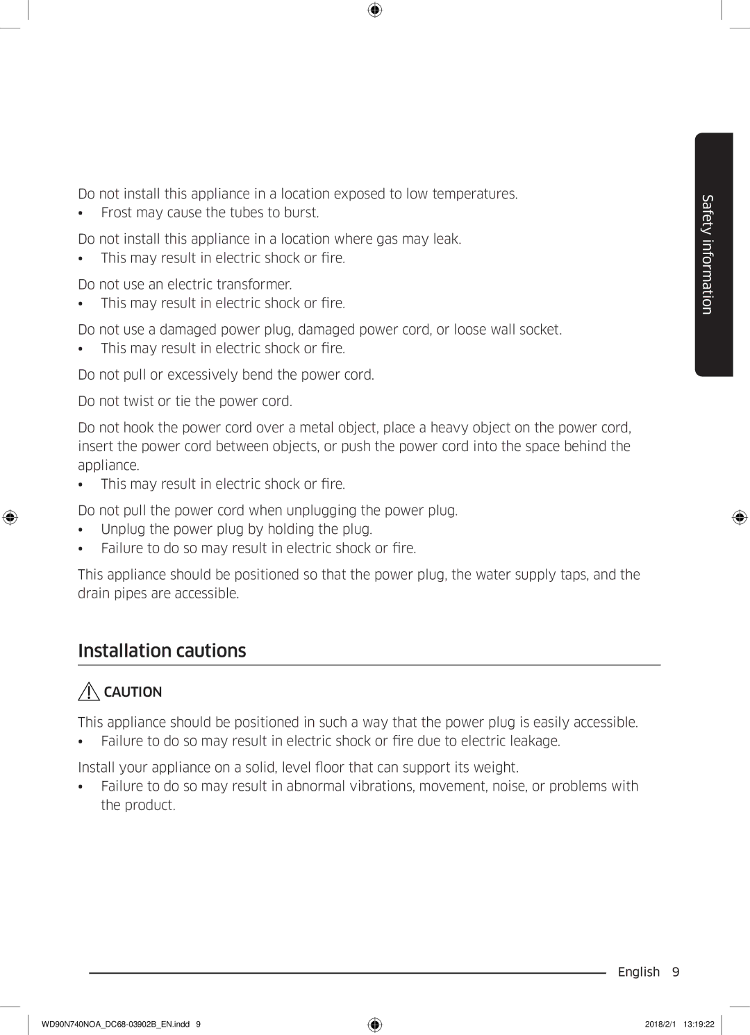 Samsung WD90N740NOA/EE manual Installation cautions 