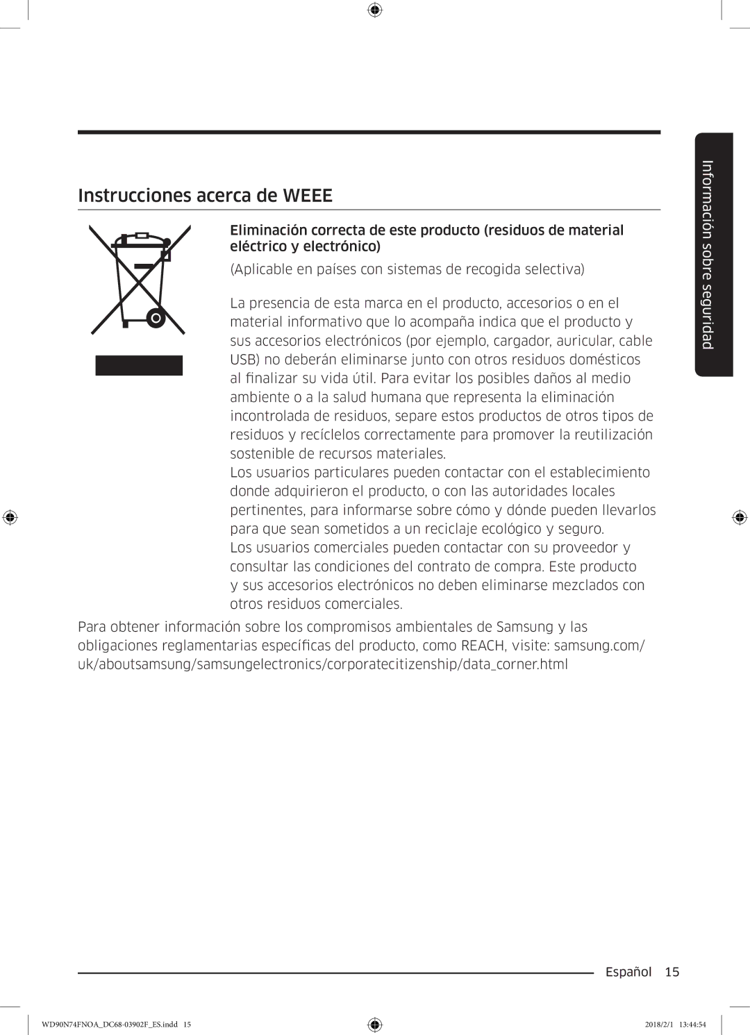 Samsung WD90N74FNOA/EC manual Instrucciones acerca de Weee 