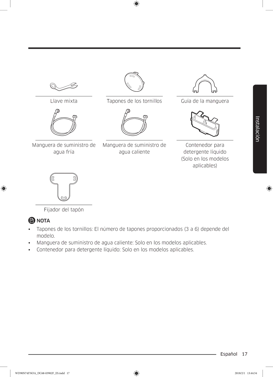 Samsung WD90N74FNOA/EC manual Llave mixta Tapones de los tornillos Guía de la manguera 