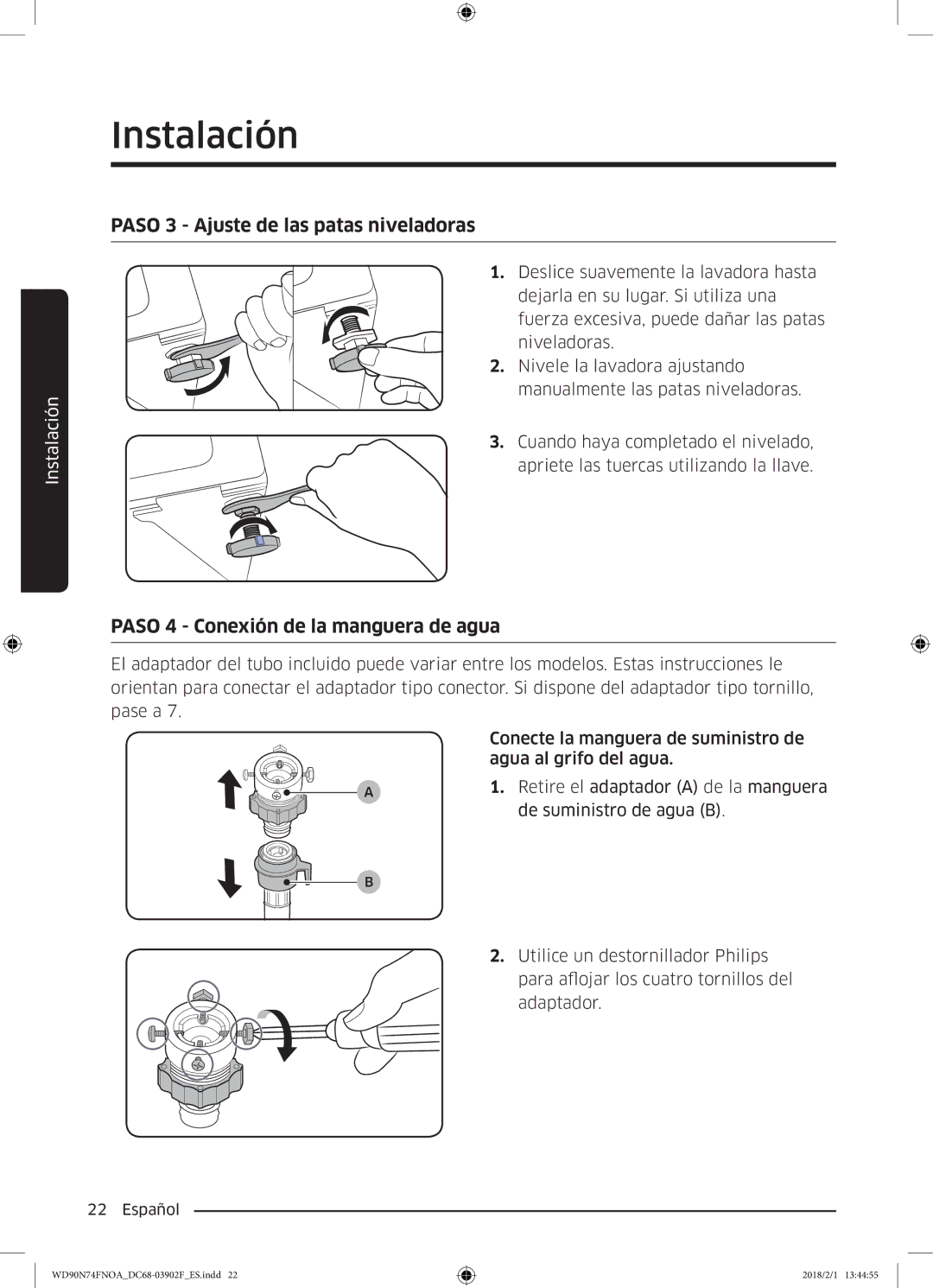 Samsung WD90N74FNOA/EC manual Paso 3 Ajuste de las patas niveladoras 