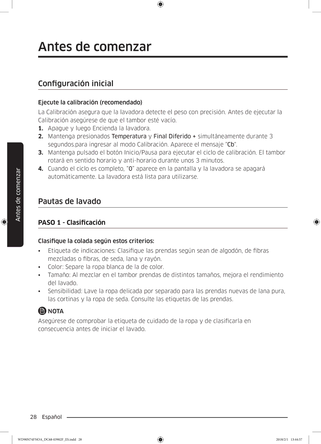 Samsung WD90N74FNOA/EC manual Antes de comenzar, Configuración inicial, Pautas de lavado 