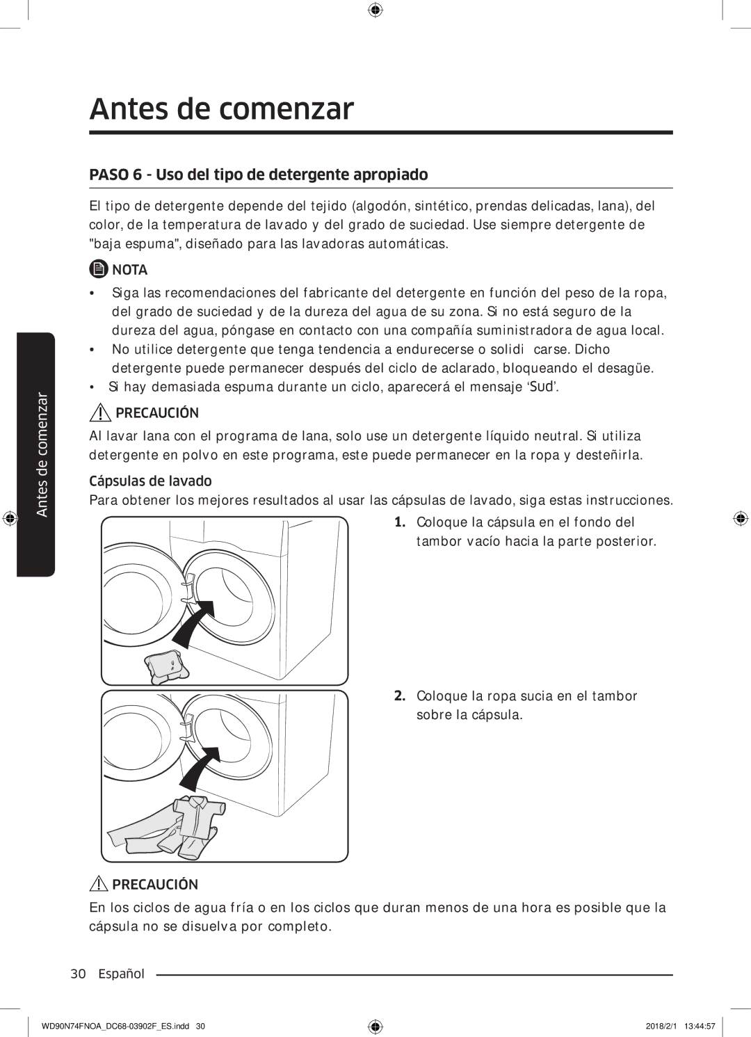 Samsung WD90N74FNOA/EC manual Paso 6 Uso del tipo de detergente apropiado 