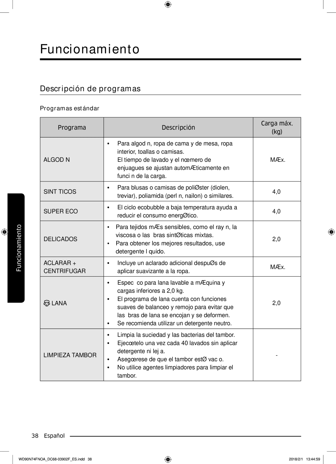 Samsung WD90N74FNOA/EC manual Descripción de programas, Algodón 