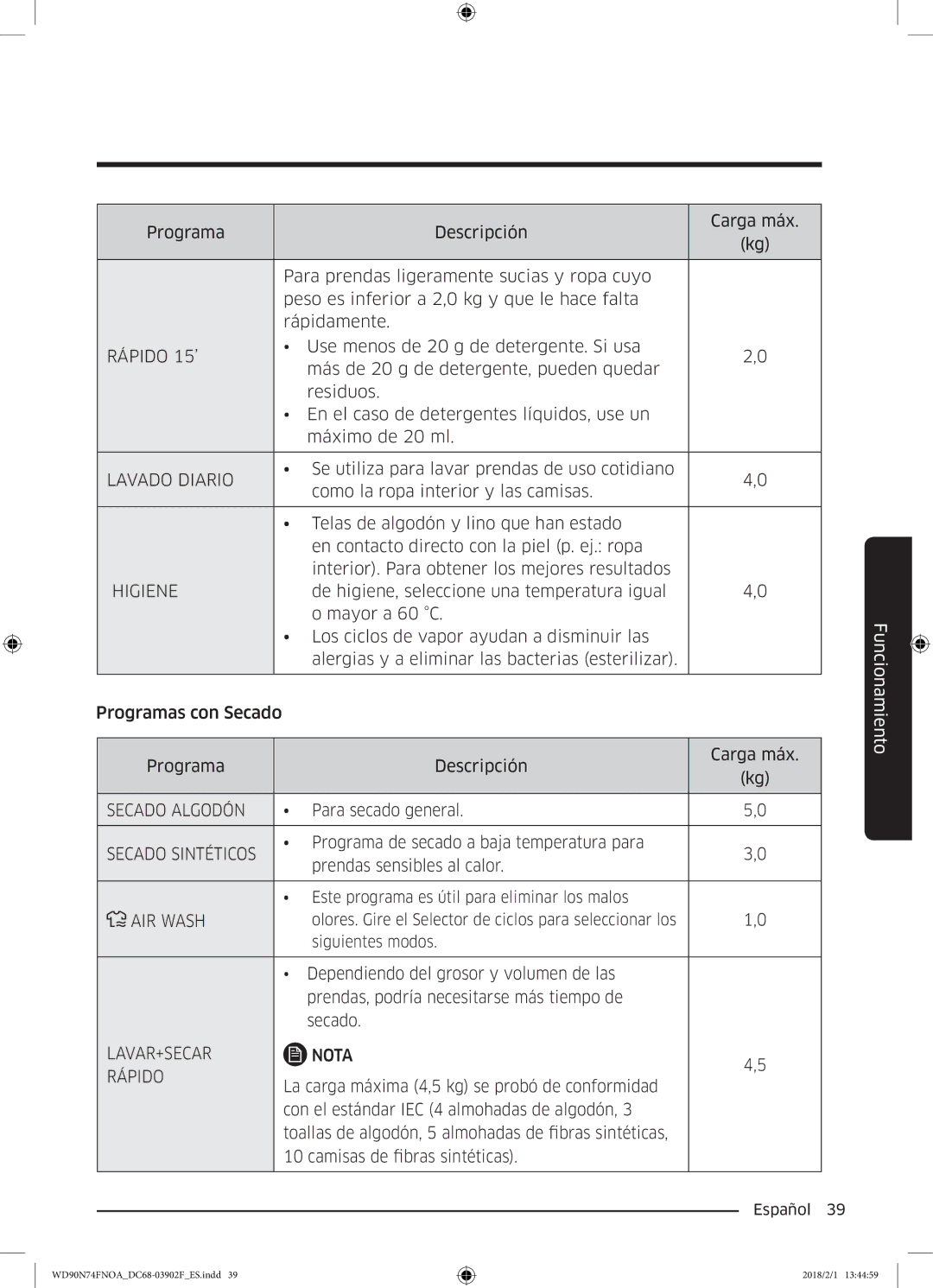 Samsung WD90N74FNOA/EC manual Secado Algodón 