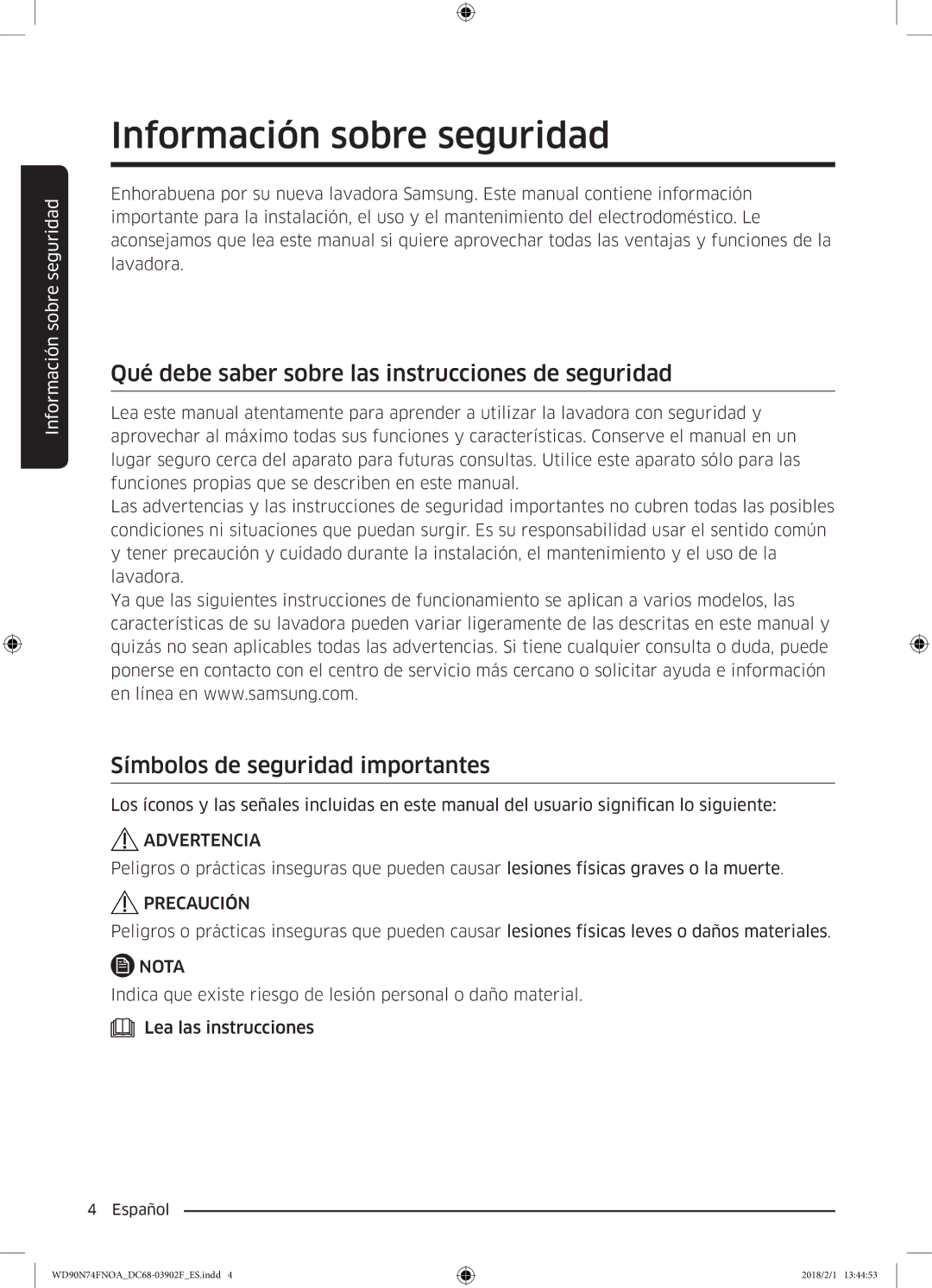 Samsung WD90N74FNOA/EC manual Información sobre seguridad, Qué debe saber sobre las instrucciones de seguridad 