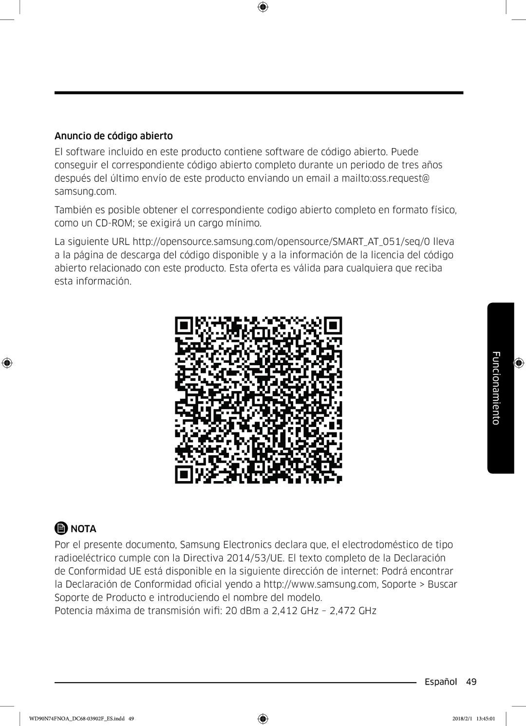 Samsung WD90N74FNOA/EC manual Nota 