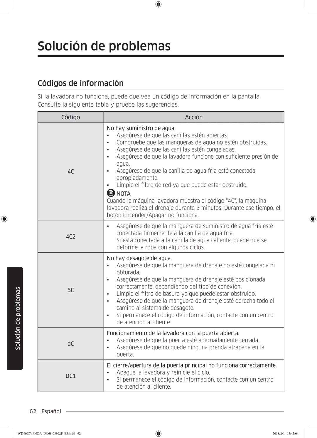 Samsung WD90N74FNOA/EC manual Códigos de información 