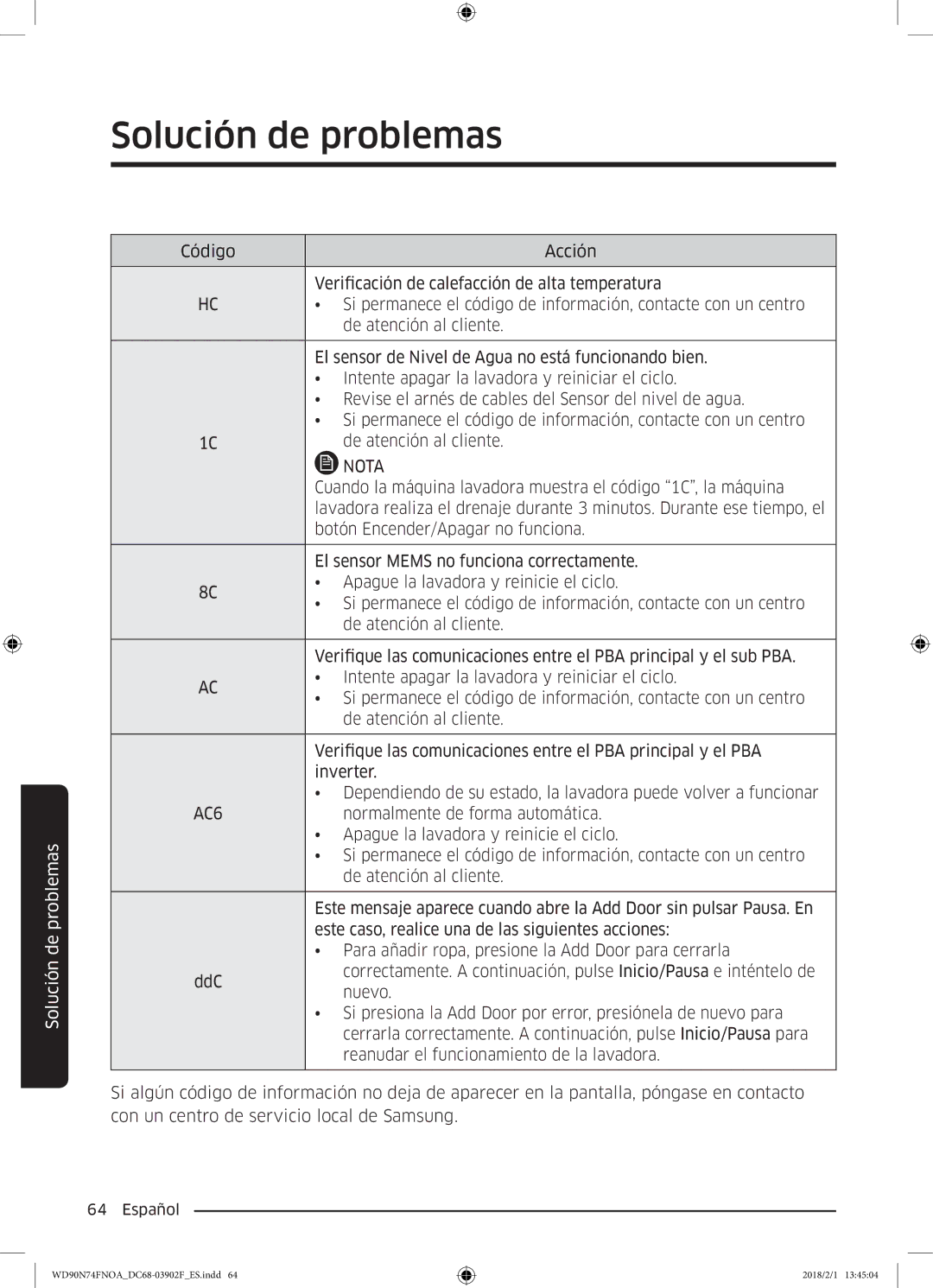 Samsung WD90N74FNOA/EC manual Cuando la máquina lavadora muestra el código 1C, la máquina 