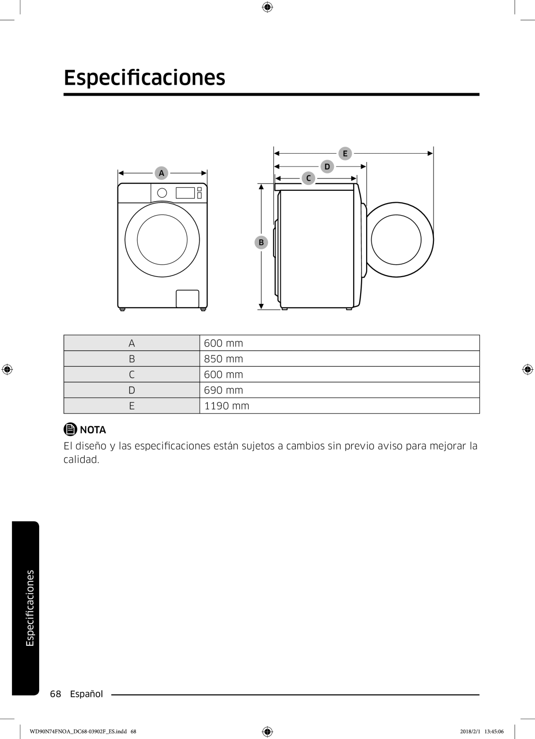 Samsung WD90N74FNOA/EC manual 600 mm 