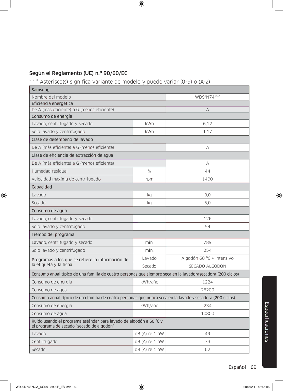 Samsung WD90N74FNOA/EC manual Secado Algodón 