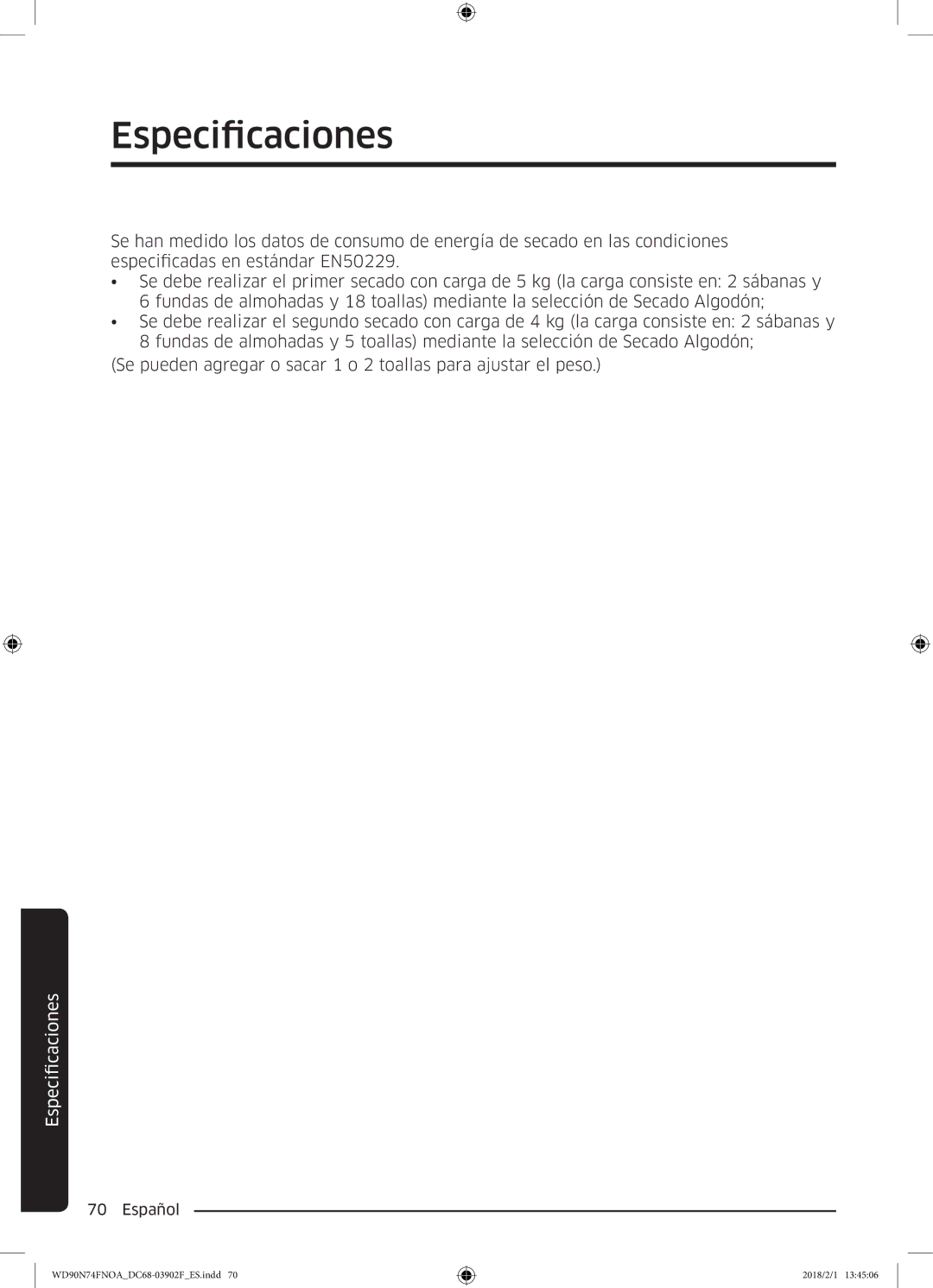 Samsung WD90N74FNOA/EC manual Especificaciones 