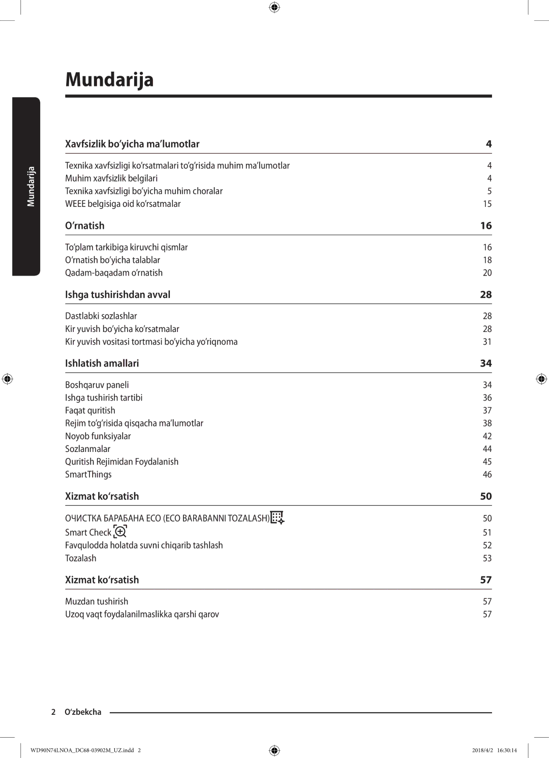 Samsung WD90N74LNOA/LP manual Mundarija 