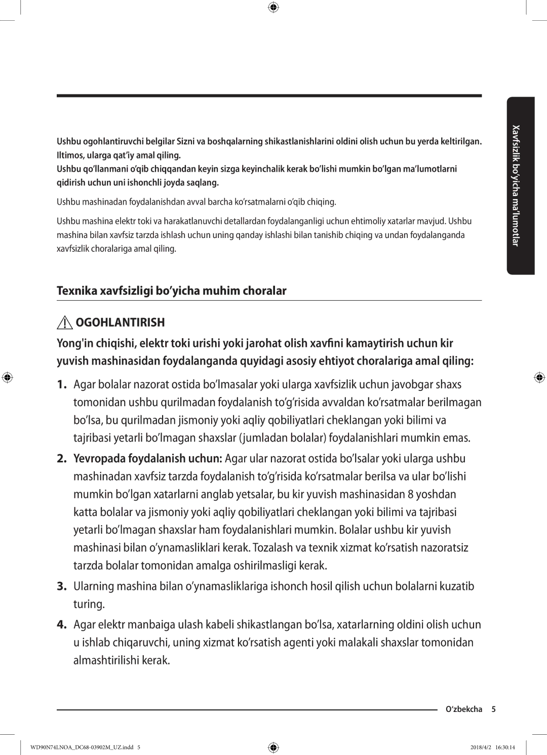 Samsung WD90N74LNOA/LP manual Texnika xavfsizligi bo’yicha muhim choralar, Ogohlantirish 