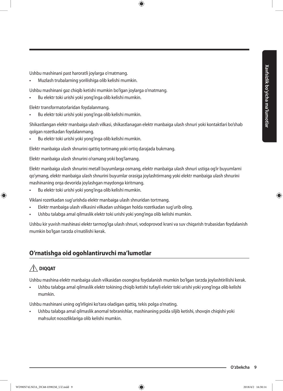 Samsung WD90N74LNOA/LP manual ’rnatishga oid ogohlantiruvchi ma’lumotlar 