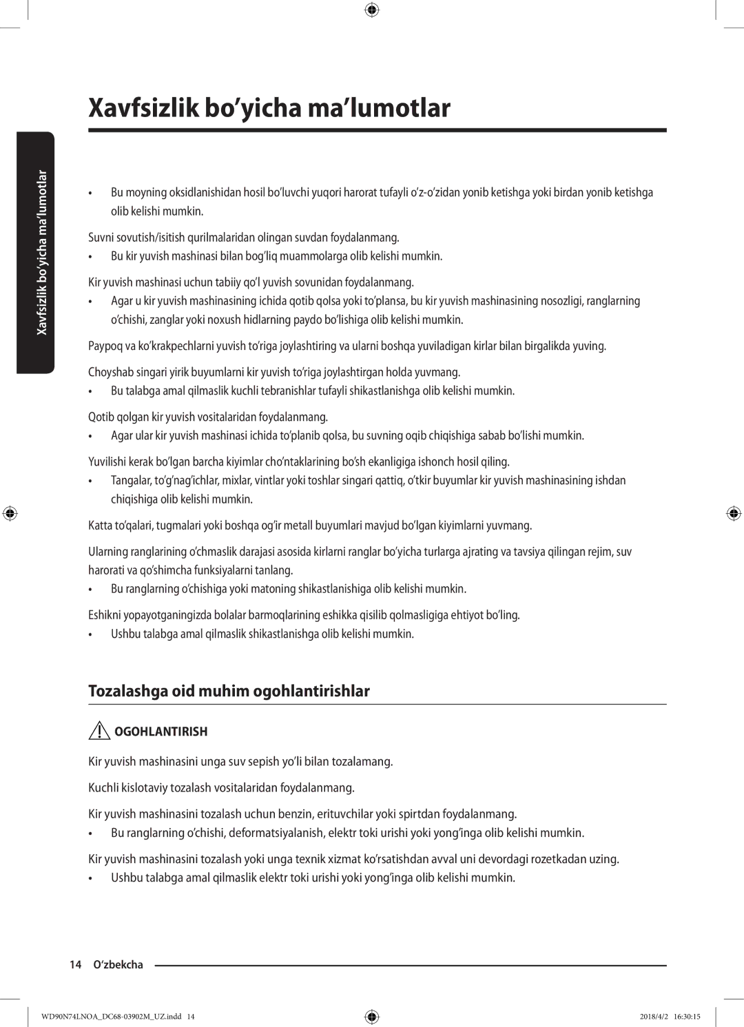 Samsung WD90N74LNOA/LP manual Tozalashga oid muhim ogohlantirishlar 