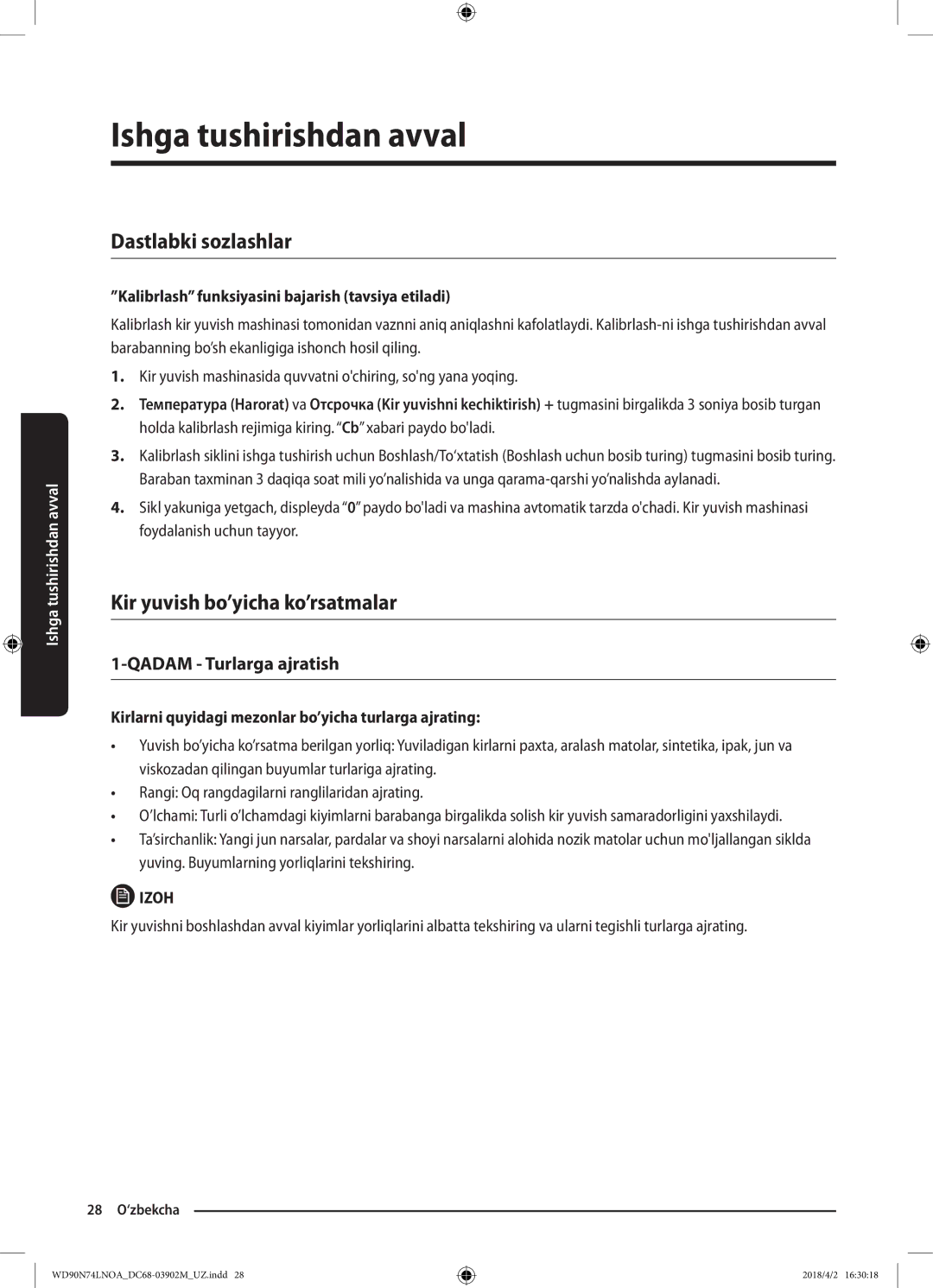 Samsung WD90N74LNOA/LP manual Ishga tushirishdan avval, Dastlabki sozlashlar, Kir yuvish bo’yicha ko’rsatmalar 