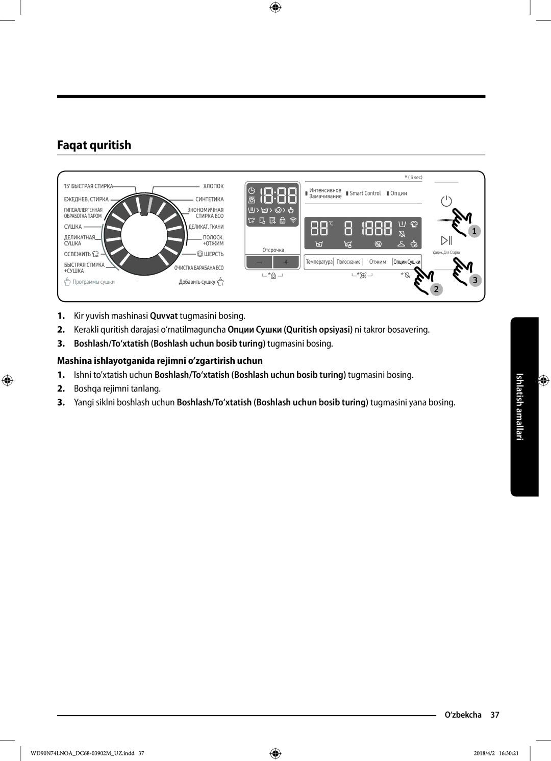 Samsung WD90N74LNOA/LP manual Faqat quritish, Boshqa rejimni tanlang 