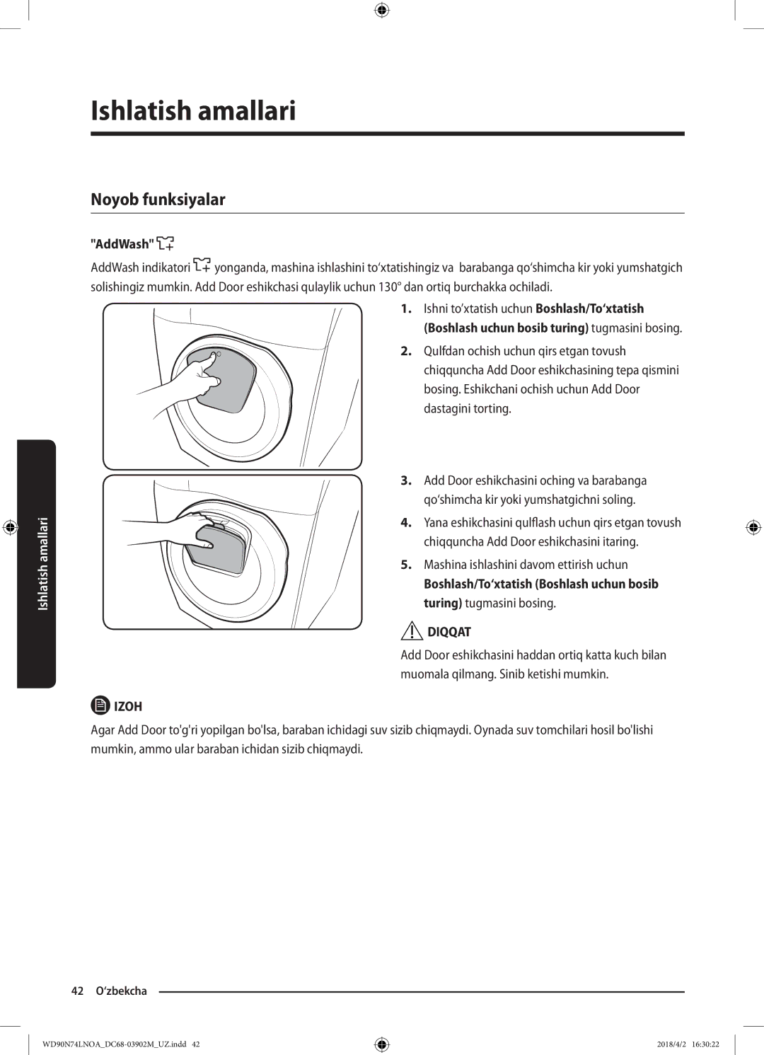 Samsung WD90N74LNOA/LP manual Noyob funksiyalar, Mashina ishlashini davom ettirish uchun 