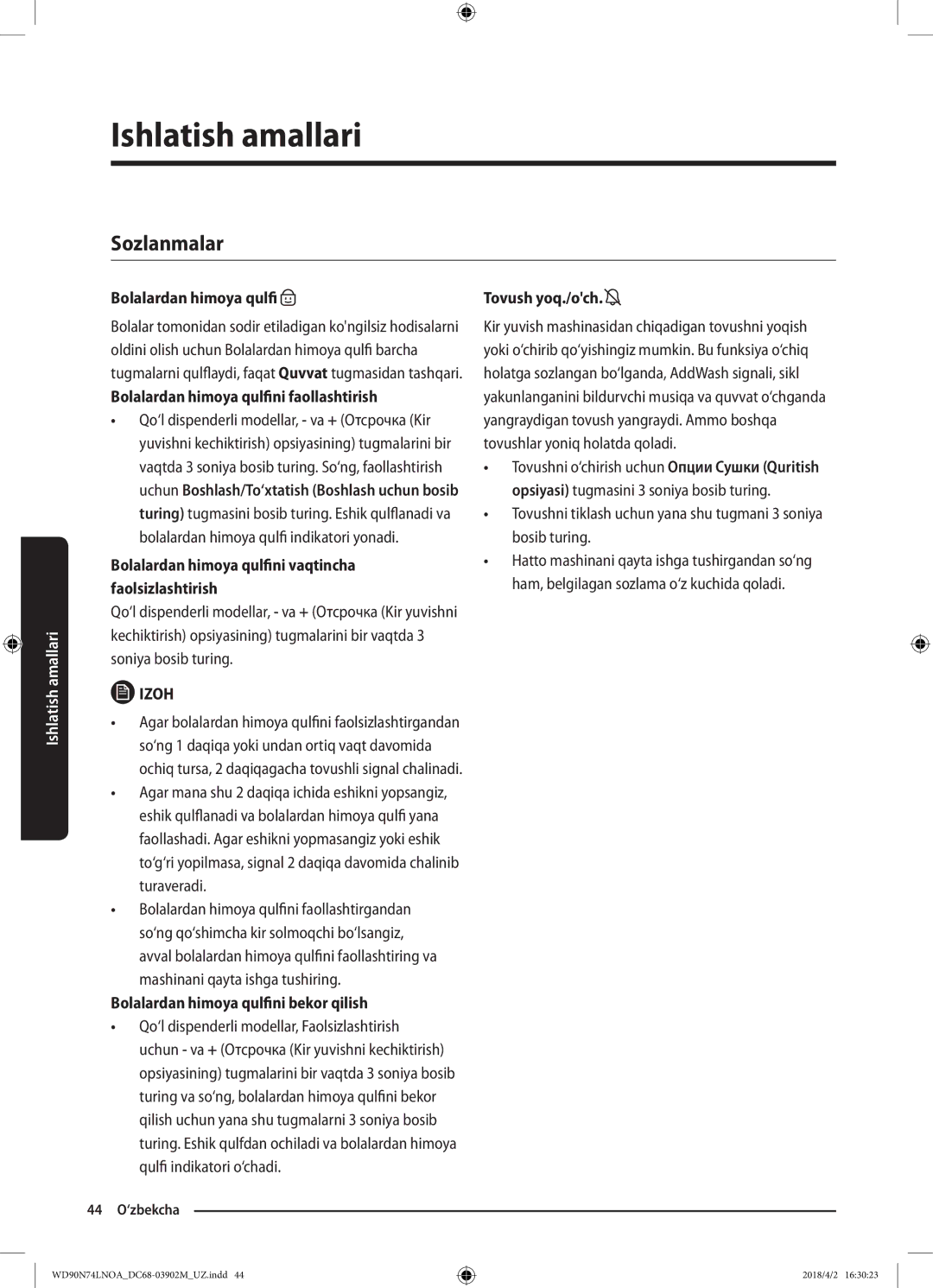 Samsung WD90N74LNOA/LP manual Sozlanmalar 