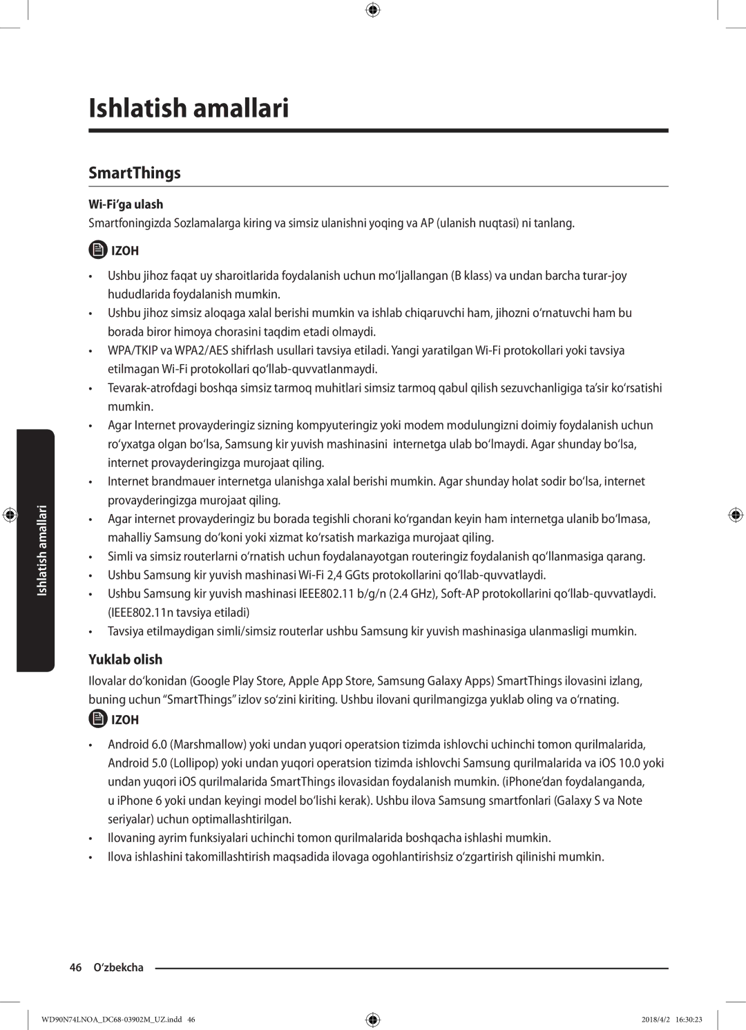 Samsung WD90N74LNOA/LP manual Yuklab olish, Wi-Fi’ga ulash 