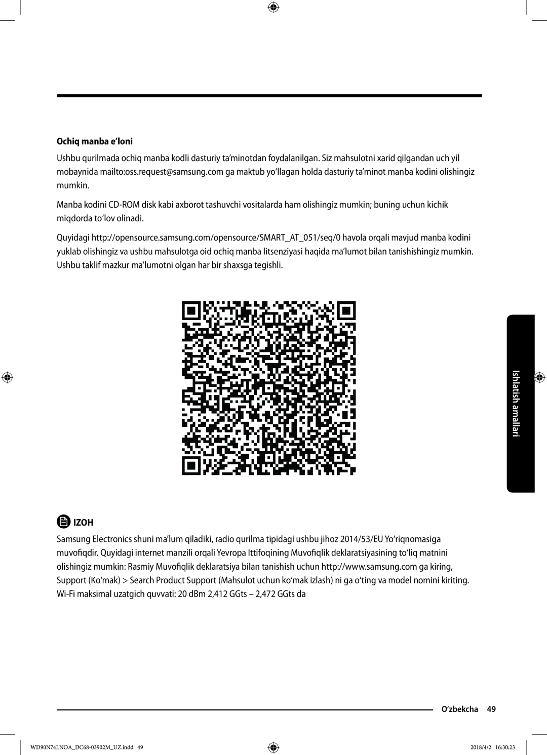 Samsung WD90N74LNOA/LP manual Ochiq manba e’loni 