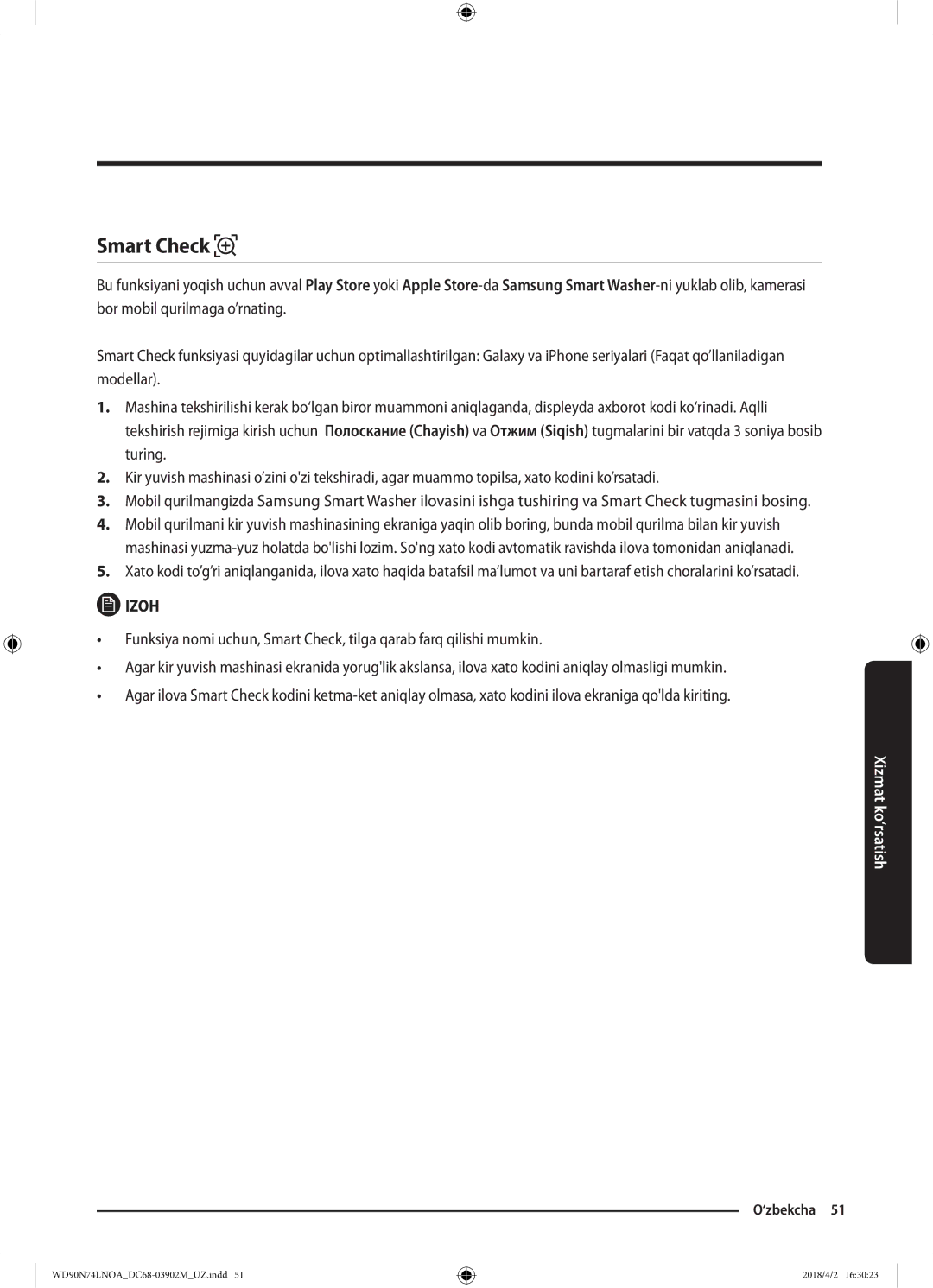 Samsung WD90N74LNOA/LP manual Smart Check 