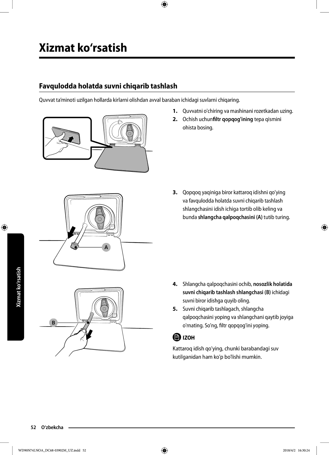 Samsung WD90N74LNOA/LP manual Favqulodda holatda suvni chiqarib tashlash 