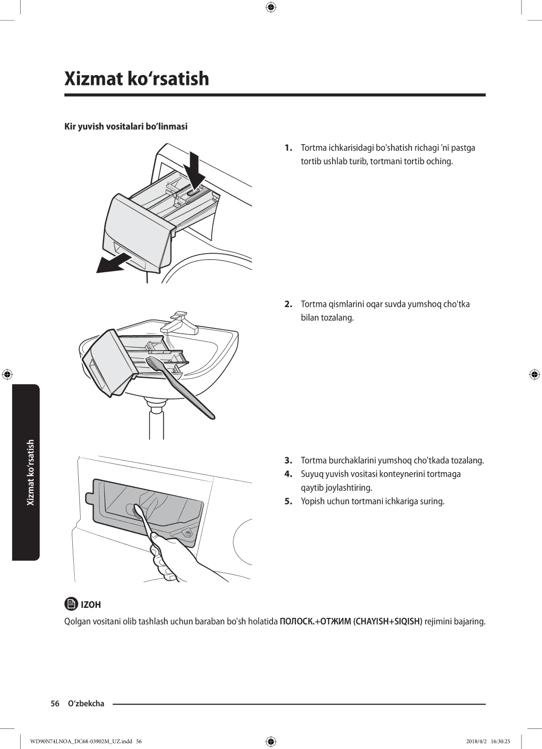 Samsung WD90N74LNOA/LP manual Kir yuvish vositalari bo’linmasi 