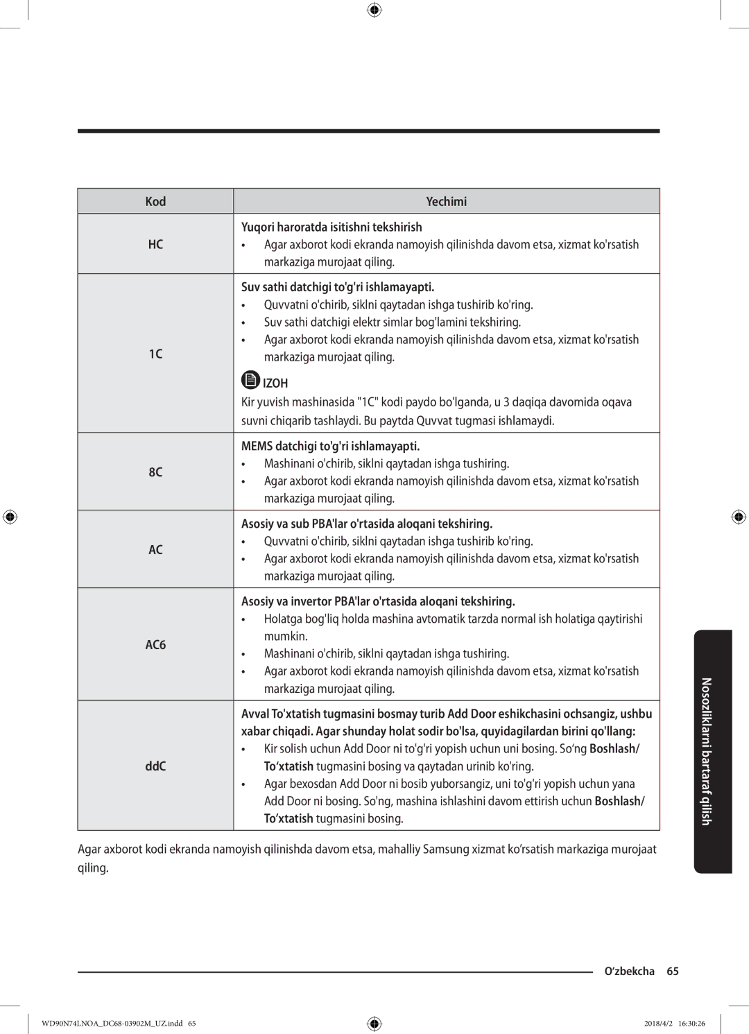 Samsung WD90N74LNOA/LP manual Yuqori haroratda isitishni tekshirish, Mems datchigi togri ishlamayapti, Mumkin 