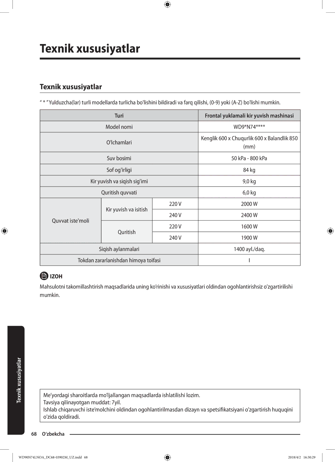 Samsung WD90N74LNOA/LP manual Texnik xususiyatlar, Turi, Quritish quvvati, 220, Quvvat istemoli 240 