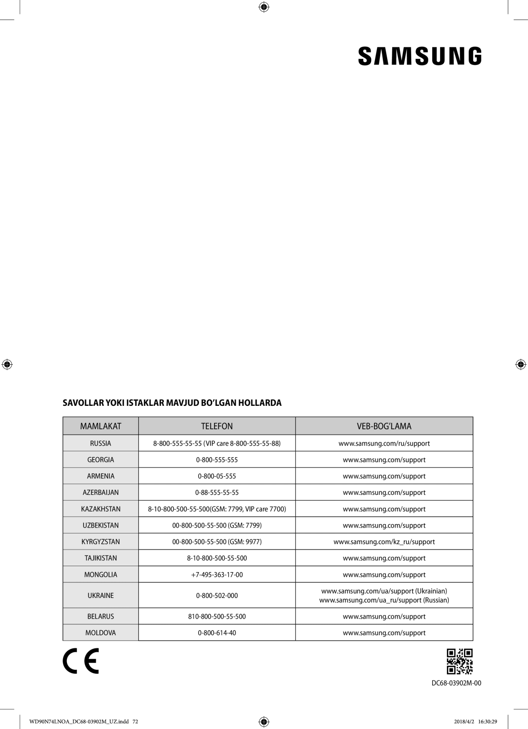 Samsung WD90N74LNOA/LP manual Savollar Yoki Istaklar Mavjud BO’LGAN Hollarda 