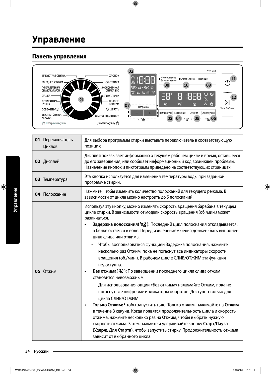 Samsung WD90N74LNOA/LP manual Управление, Панель управления, Задержка полоскания, 05 Отжим 