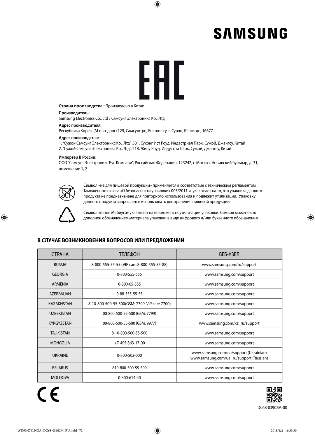 Samsung WD90N74LNOA/LP manual Случае Возникновения Вопросов ИЛИ Предложений 