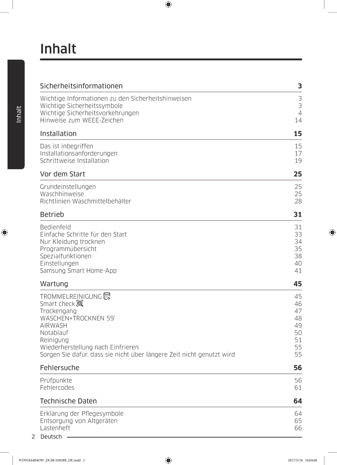 Samsung WD91K6404OW/EG manual Inhalt, Sicherheitsinformationen 