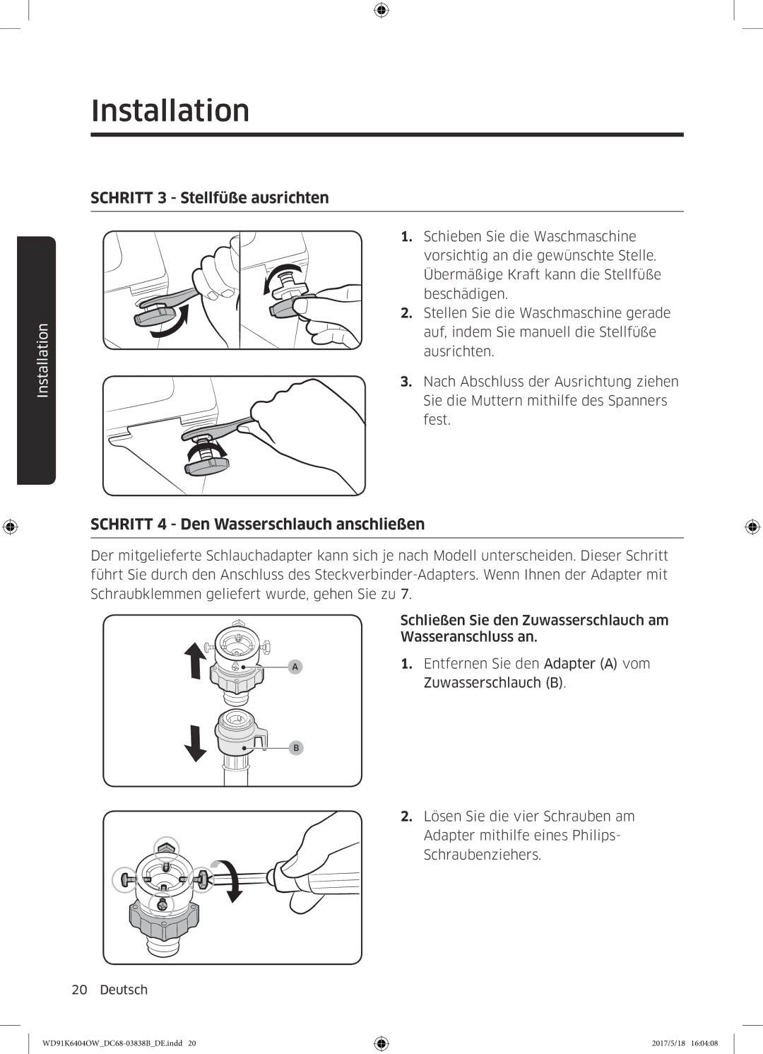 Samsung WD91K6404OW/EG manual Schritt 3 Stellfüße ausrichten 