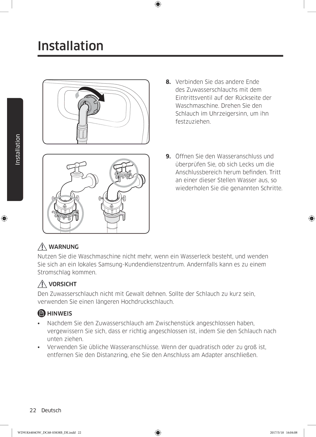 Samsung WD91K6404OW/EG manual Warnung 