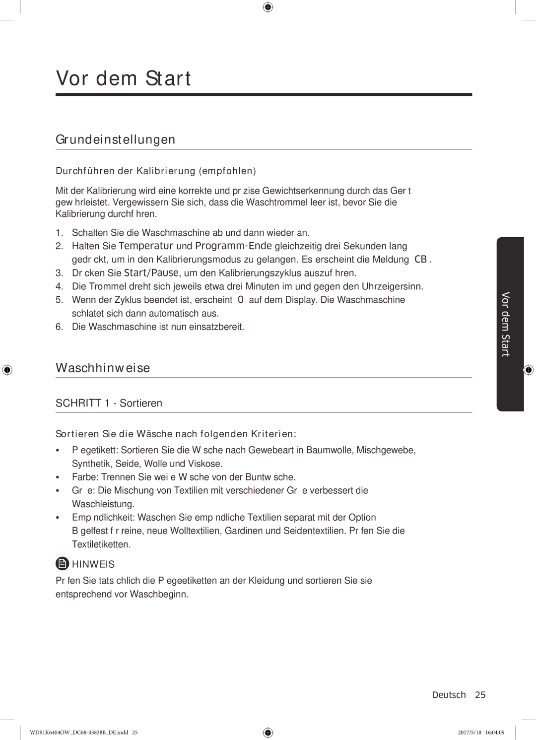 Samsung WD91K6404OW/EG manual Vor dem Start, Grundeinstellungen, Waschhinweise 