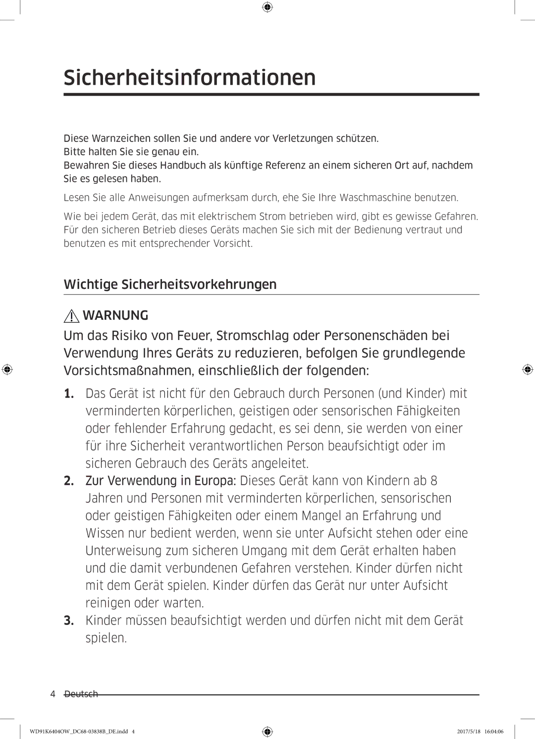 Samsung WD91K6404OW/EG manual Wichtige Sicherheitsvorkehrungen, Warnung 