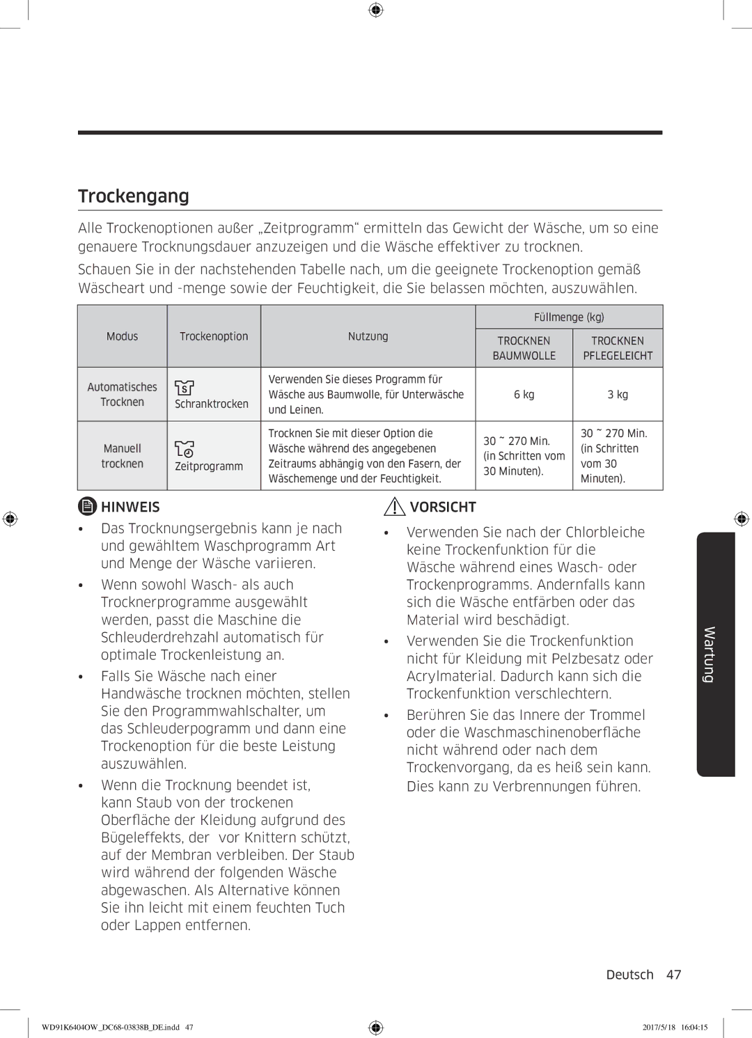 Samsung WD91K6404OW/EG manual Trockengang 