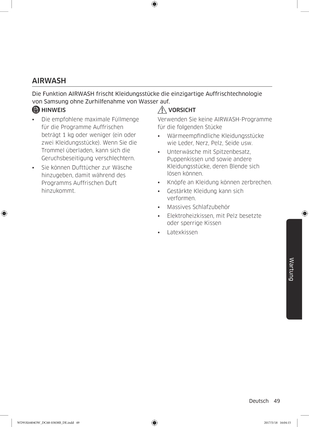 Samsung WD91K6404OW/EG manual Airwash 