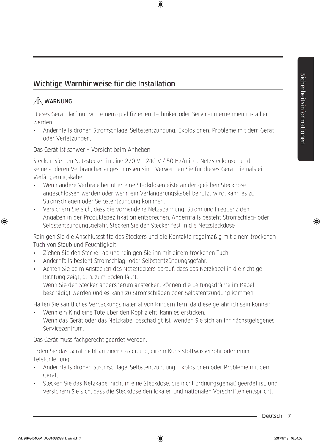 Samsung WD91K6404OW/EG manual Wichtige Warnhinweise für die Installation 