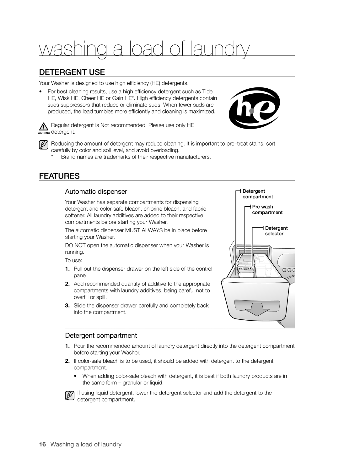 Samsung WE357A7W, WE357A7S, WE357A7L, WE357A7G, WE357A7R, SK-3A1, SK-4A, SK-XAA user manual Detergent USE, Features 