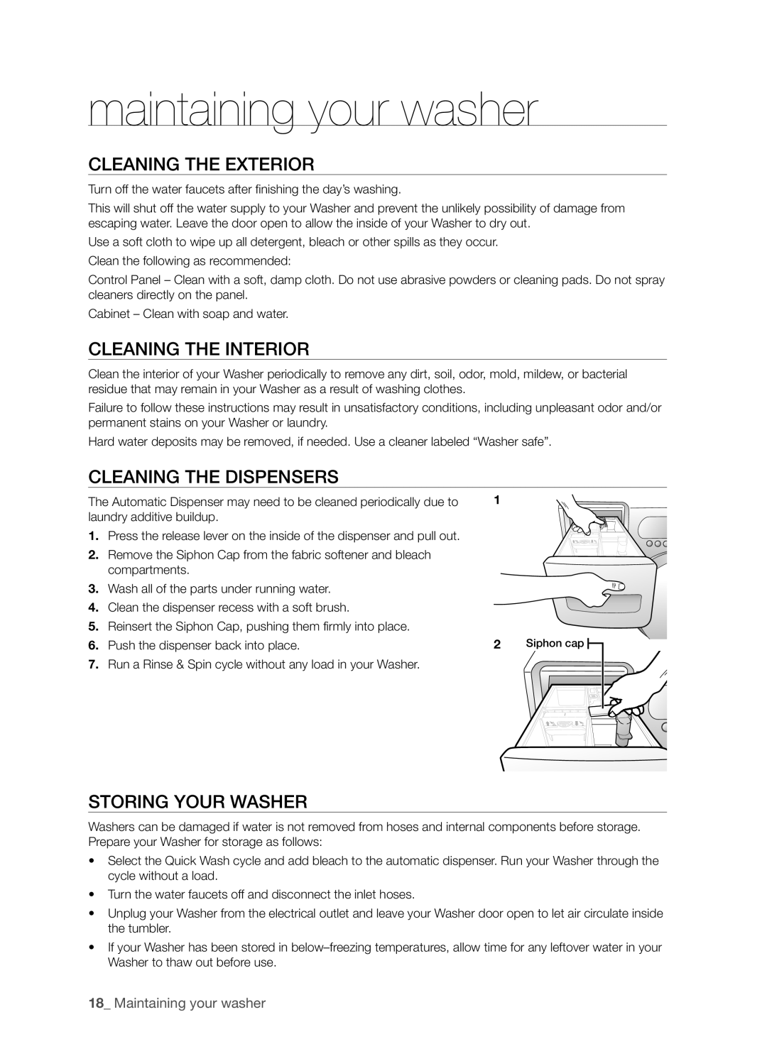 Samsung WE357A7L, WE357A7W Maintaining your washer, Cleaning the Exterior, Cleaning the Interior, Cleaning the Dispensers 