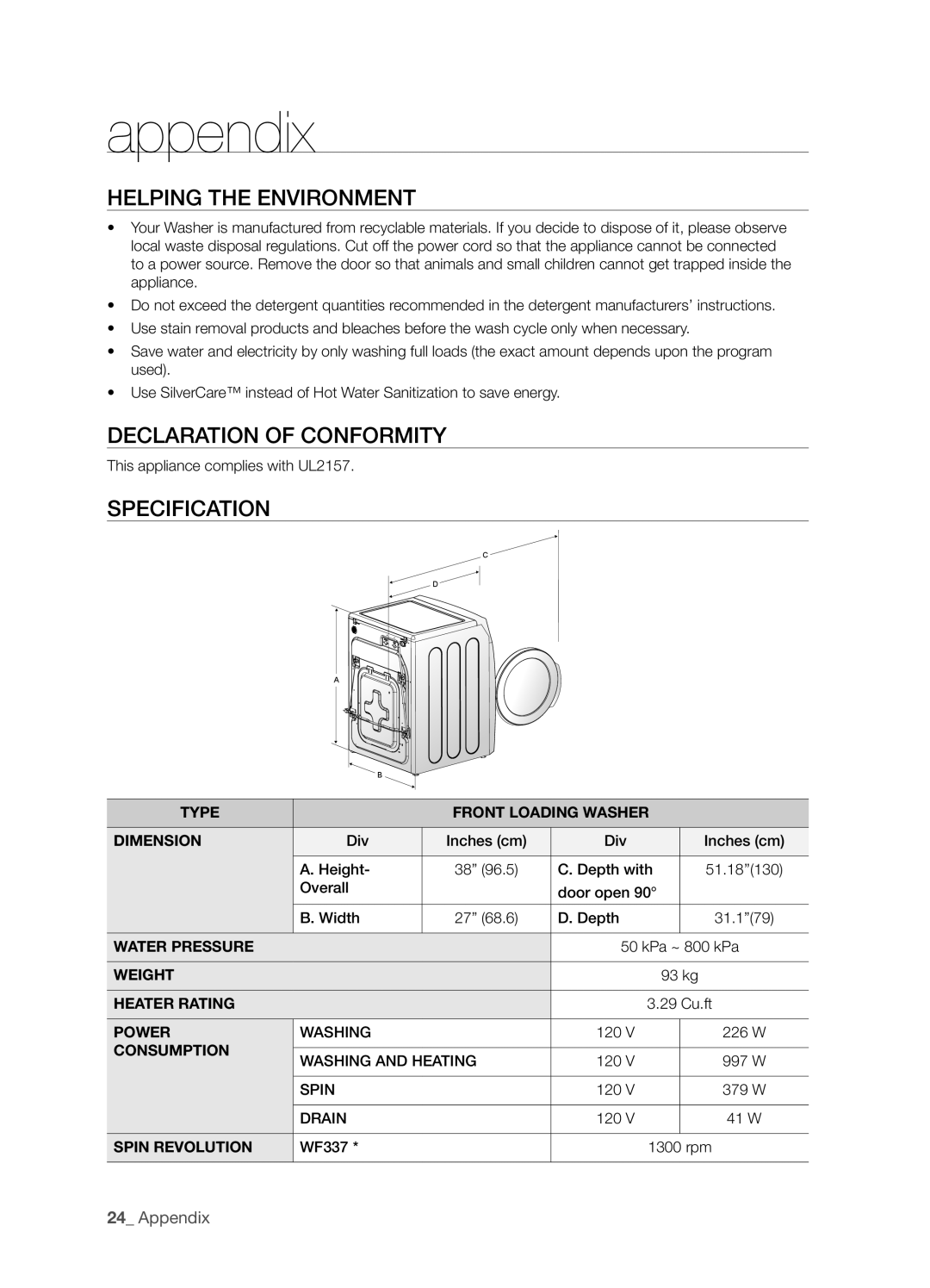 Samsung WE357A7W, WE357A7S, WE357A7L, WE357A7G, WE357A7R Helping the Environment, Declaration of Conformity, Specification 