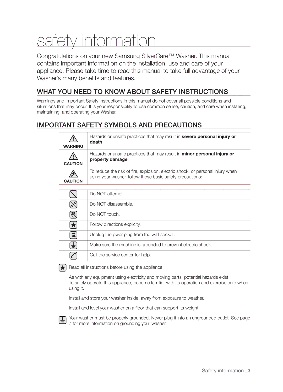 Samsung WE357A7G, WE357A7W, WE357A7S, WE357A7L, WE357A7R, SK-3A1, SK-4A, SK-XAA user manual Safety information 