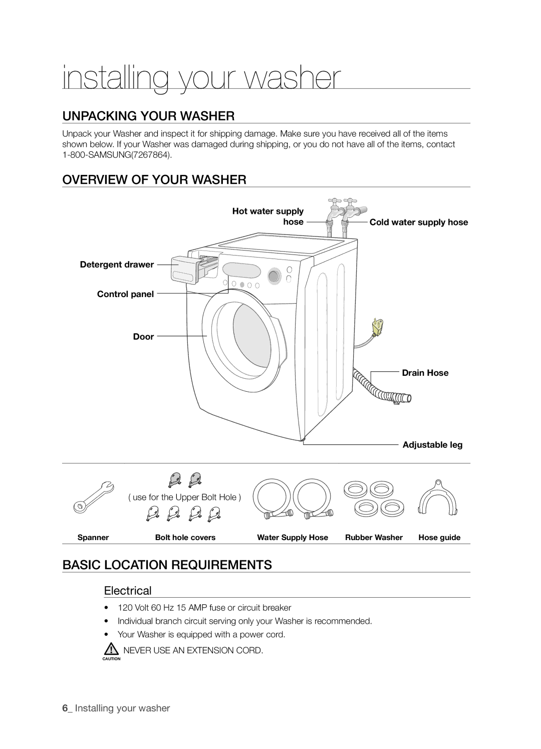 Samsung SK-4A, SK-3A1 Installing your washer, Unpacking Your Washer, Overview of Your Washer, Basic Location Requirements 