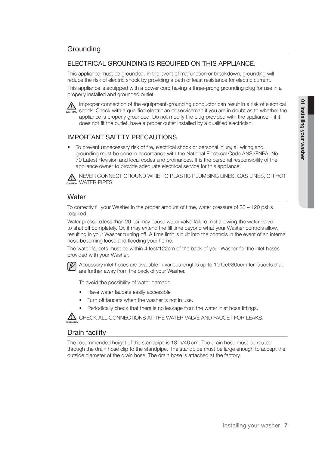 Samsung SK-XAA, WE357A7W, WE357A7S, WE357A7L, WE357A7G, WE357A7R, SK-3A1, SK-4A user manual Grounding, Water, Drain facility 