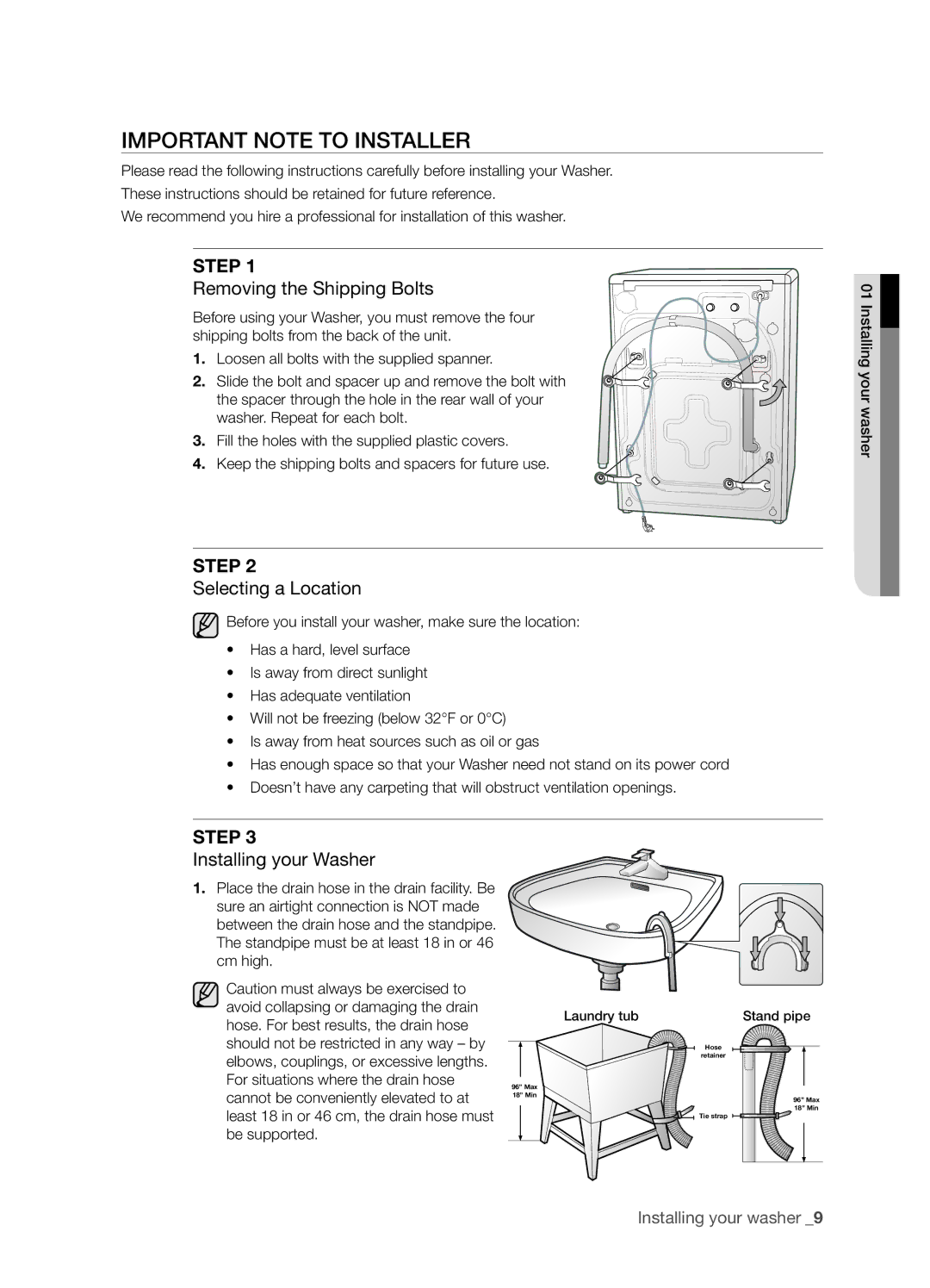 Samsung WE357A7S, WE357A7W, WE357A7L, WE357A7G, WE357A7R, SK-3A1, SK-4A, SK-XAA user manual Important Note to Installer, Step 