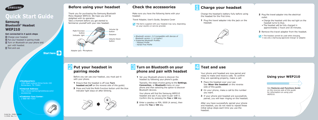 Samsung WEP 210 quick start Before using your headset, Check the accessories, Charge your headset, Test and use 