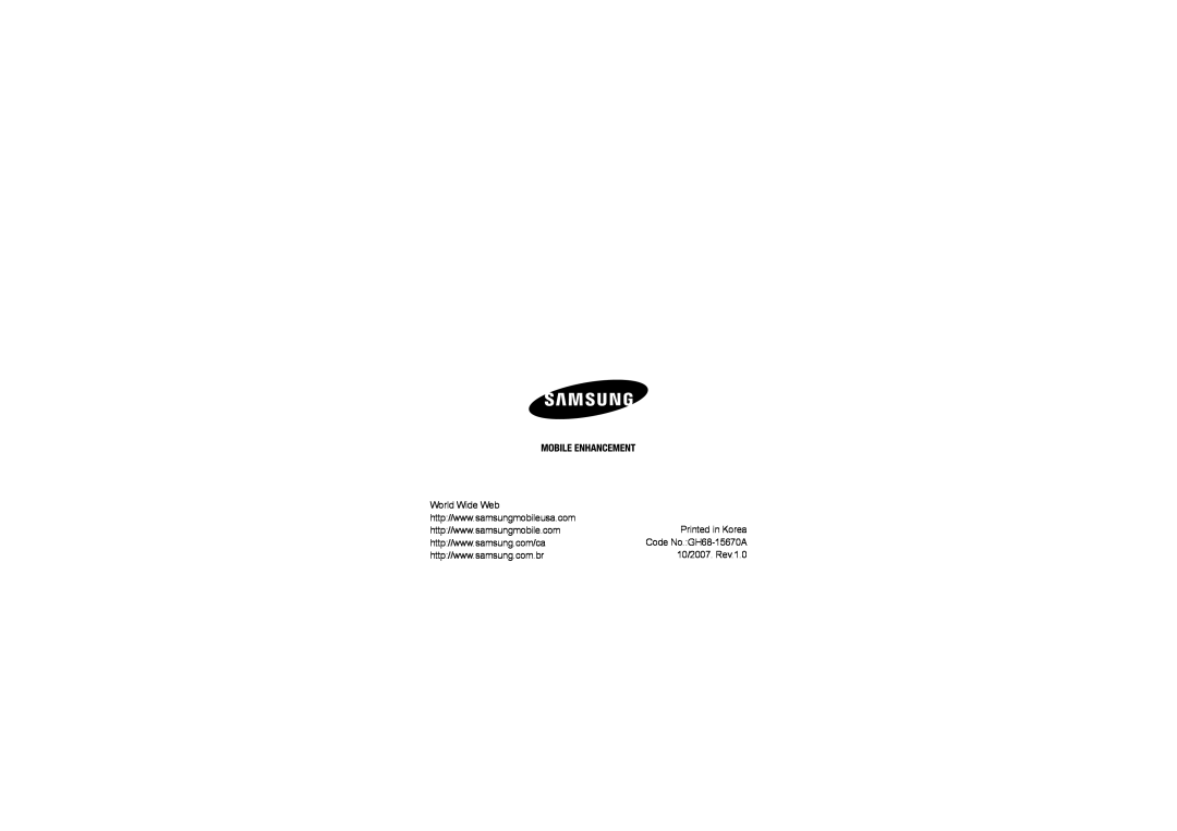 Samsung WEP 300 manual World Wide Web, Printed in Korea, 10/2007. Rev.1.0, Code No.GH68-15670A 